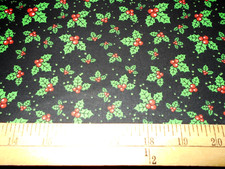 1 yard Holly with Berries on Black Christmas Fabric