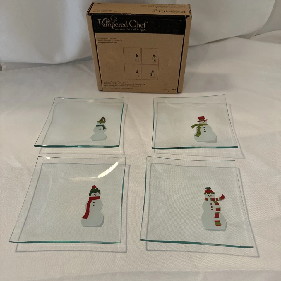 Pampered Chef Snowmen glass plates Square Appetizer Set of 4 #2819 NEW in Box - Image 3 of 3