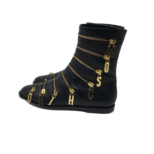 Botas de cuero MOSCHINO con cremalleras en tono dorado de marca - Reino Unido 4/UE 37 - £1290 - Imagen 6 de 11