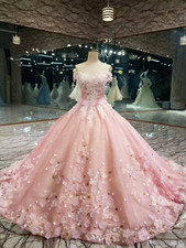 Luxury Pink Princess 3D Flowers Wedding Dresses Beaded Strapless Bridal Gowns-