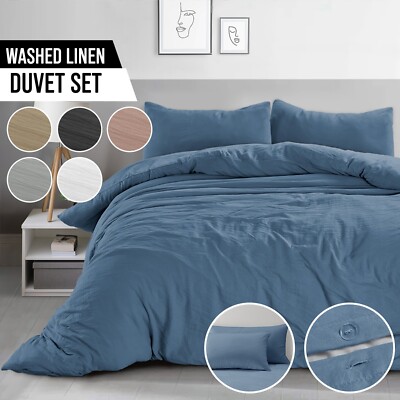 Washed Linen Look Soft Touch Bettbezug Bettwäsche Kissenbezug Set Grau Blush Blau
