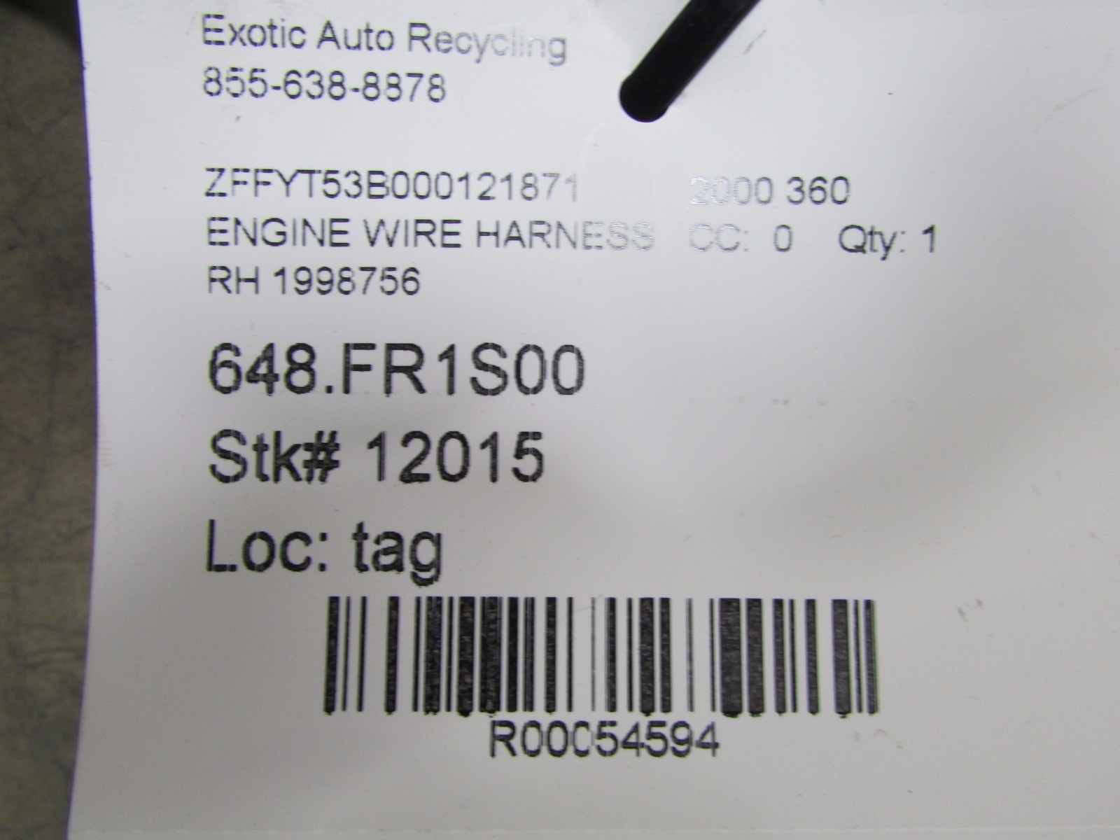 Ferrari 360, RH, Right Engine Wire Harness, Used, P/N 1998756