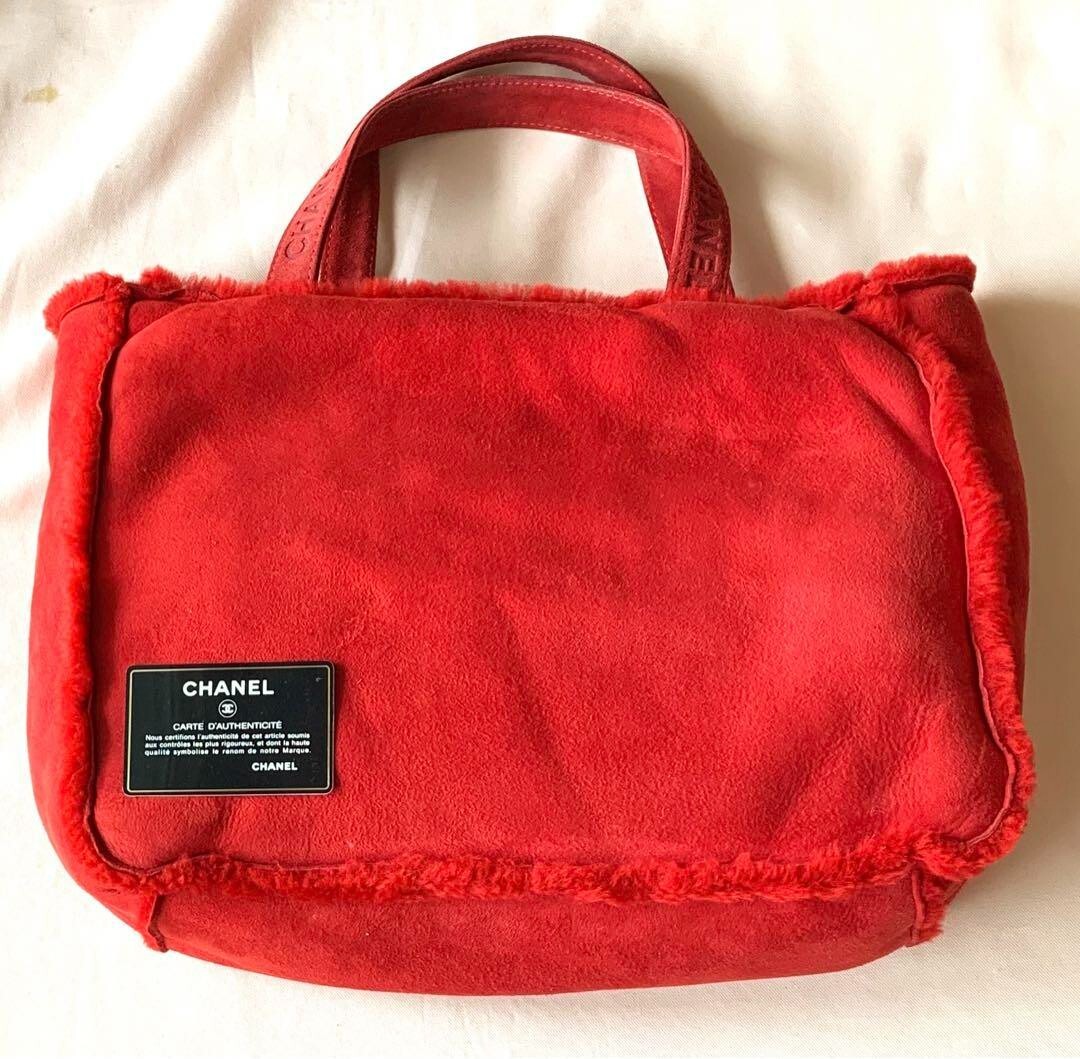 Authentic Chanel Sheepskin Tote Bag Mouton Fur Handbag Logo Red