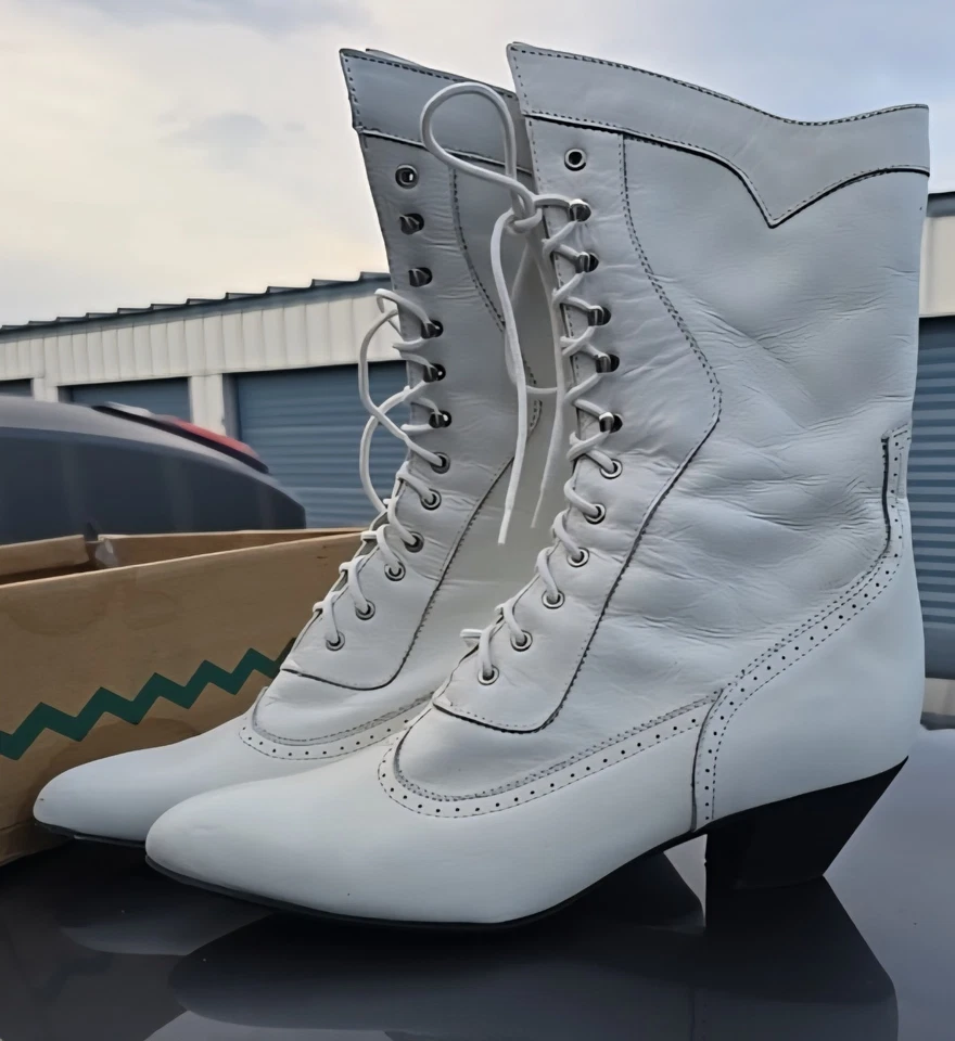 Oak Tree Farms Botas Góticas Victorianas Vintage Cuero Blanco Talla US 10B Foto 3 de 4