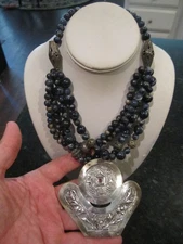 LARGE STERLING SILVER PENDANT & BEADS & LABRADORITE GEMSTONE NECKLACE 16" - 171g