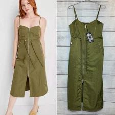 Future Collective - Nylon Zip-Front Midi Dress S Small A-line Strapy Olive Green
