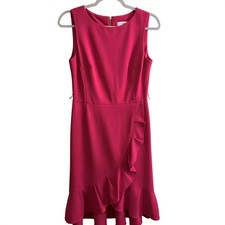 Calvin Klein Sheath Dress Midi Women 6 Red Ruffle Faux Wrap CD9C13HT Career