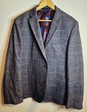 Next Mens Blazer 46R Grey Red Check Wool Blend Slim Fit Elbow Patch Jacket