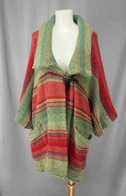Ralph Lauren Sweater Coat Womens Large Red Knit Stripe Poncho Cashmere Blend
