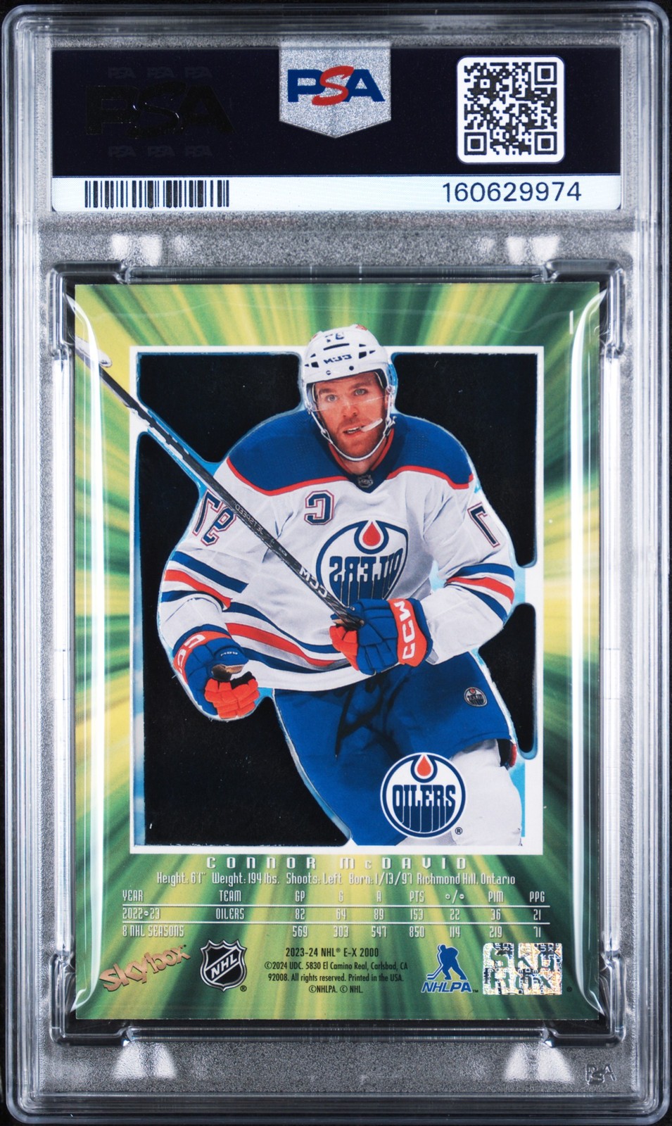 2023 SKYBOX E-X 2000 BLUE CREDENTIALS #1 CONNOR MCDAVID 221/299 PSA 6 view 2