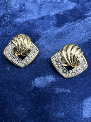 NADRI Signed Gold Tone Shell Paved Clear Crystal Rhinestone Earrings Clip On