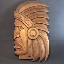 VTG Hand Carved Wood Native American Tribal Chief Wall Art 16" x 9"
