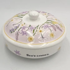 See’s Candies Ceramic Floral Candy Nut Trinket Dish Lid Daffodil Hyacinth Lily