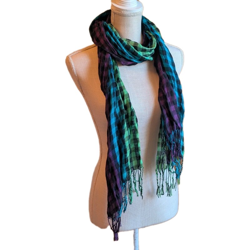 Bold Bright Green Blue Purple Checkered Print Women's Tassel Scarf