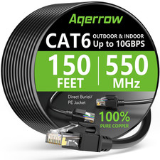 Aqerrow Cat6 Ethernet Cable 150Ft Outdoor Direct Burial Cat 6 Cable 24Awg High