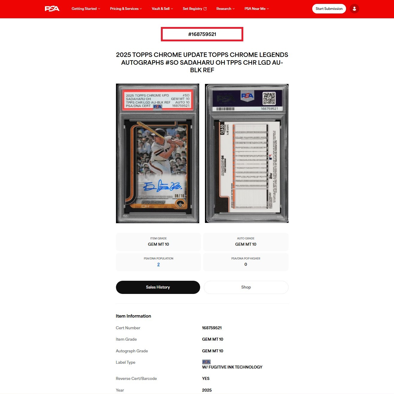 2025 Topps Chrome Update SADAHARU OH SSP Black Refractor Kanji Legend Auto 08/10 view 6