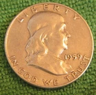 1959-D Franklin Head Half Dollar, Silver Coin, 90% Silver, vg, #7