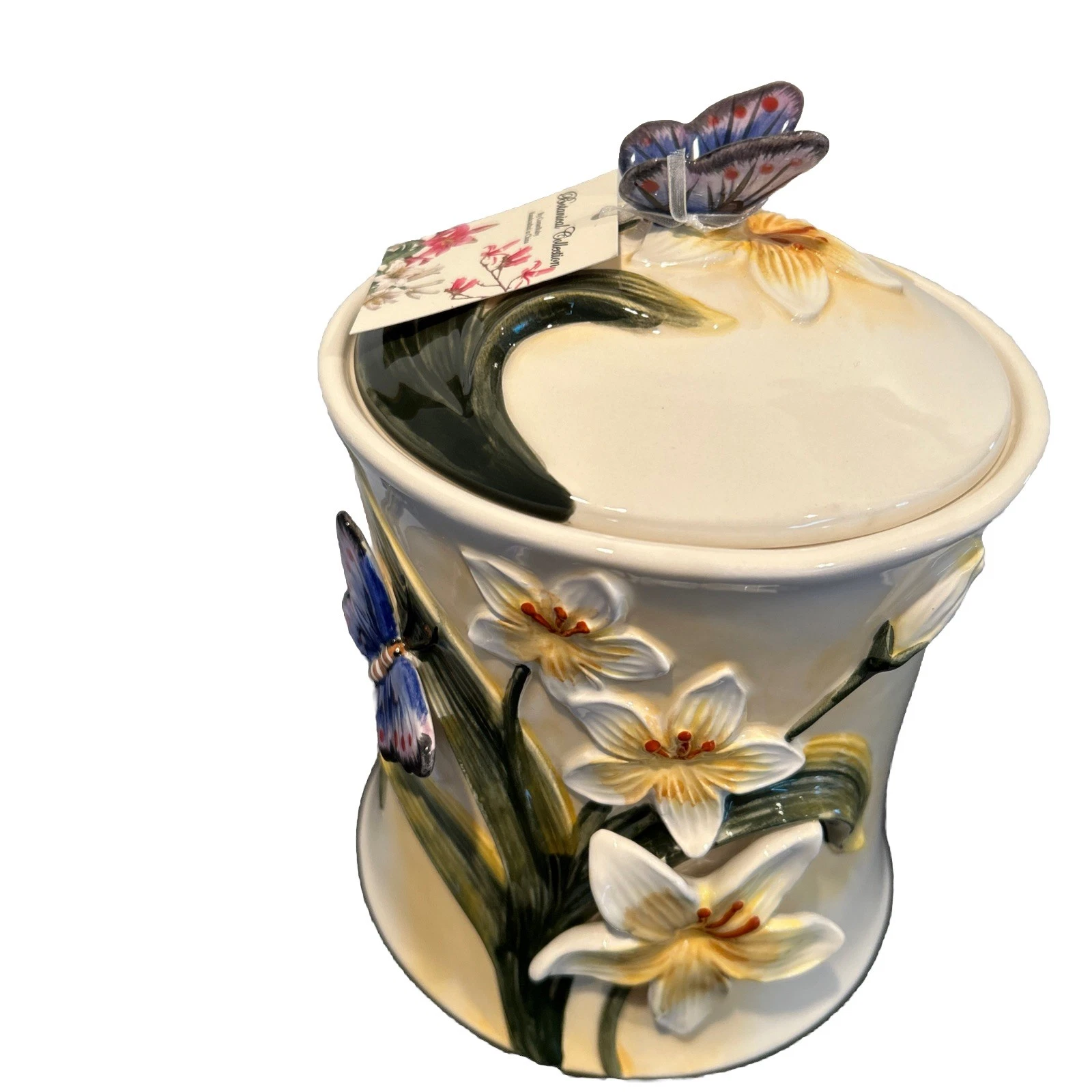 Corner Ruby Botanical Collection Butterfly/Lily Ceramic Canister NEW
