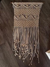 Vintage Macrame Wall Hanging Boho Chic 33" X 18" Tan Beige Cream
