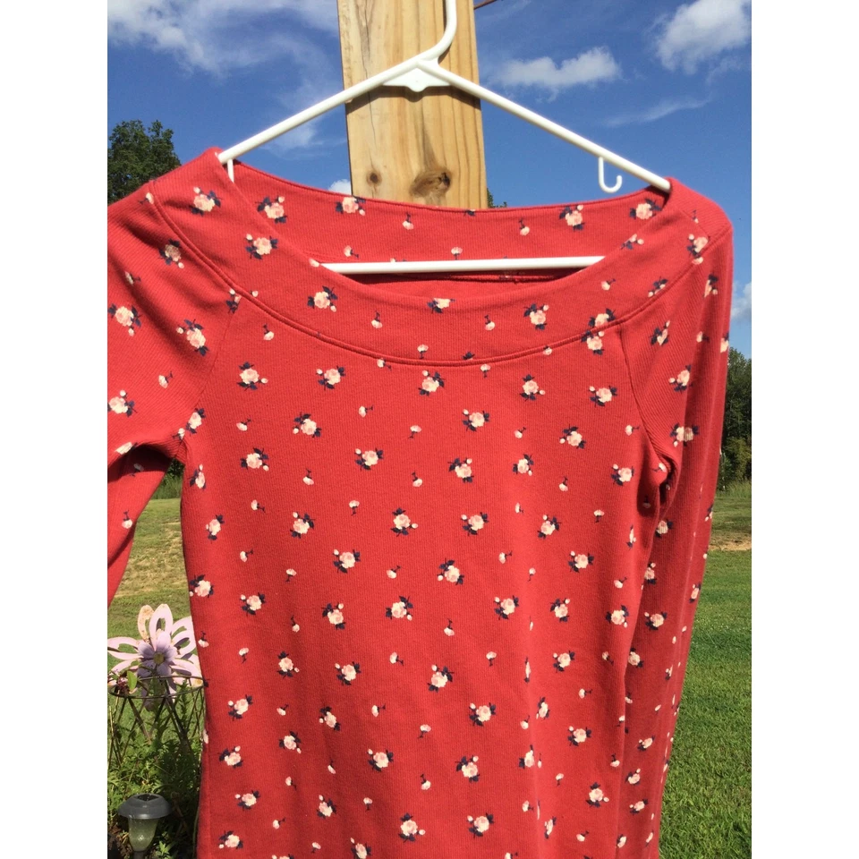 Abercrombie & Fitch girls shirt 15 16 thermal ditsy floral red kids boat neck - Image 2 of 4