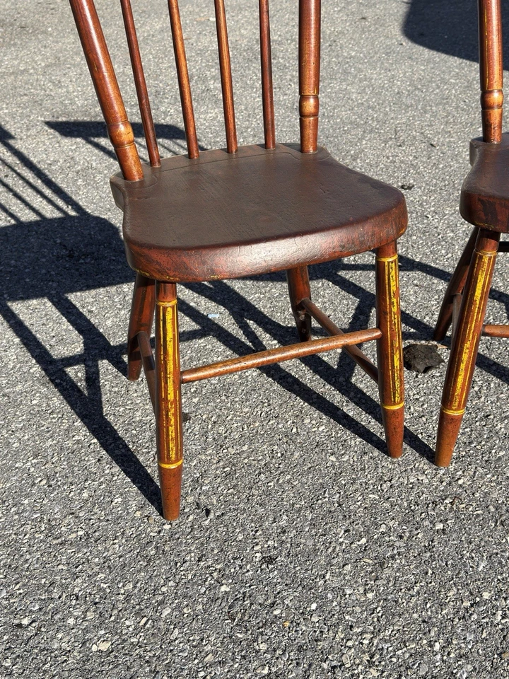 antique 1840s plank seat red & black yellow primitive chairs folk art set - Image 2 of 4