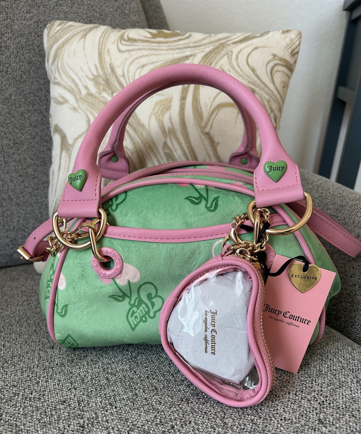 New! Juicy Couture Cherry Pink & Green Gelato Satchel Crossbody Bag Bowler Retro