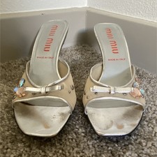 Miu Miu Women's Silver Crystal Bow Slip-On Mule Stiletto Heels, Open Toe