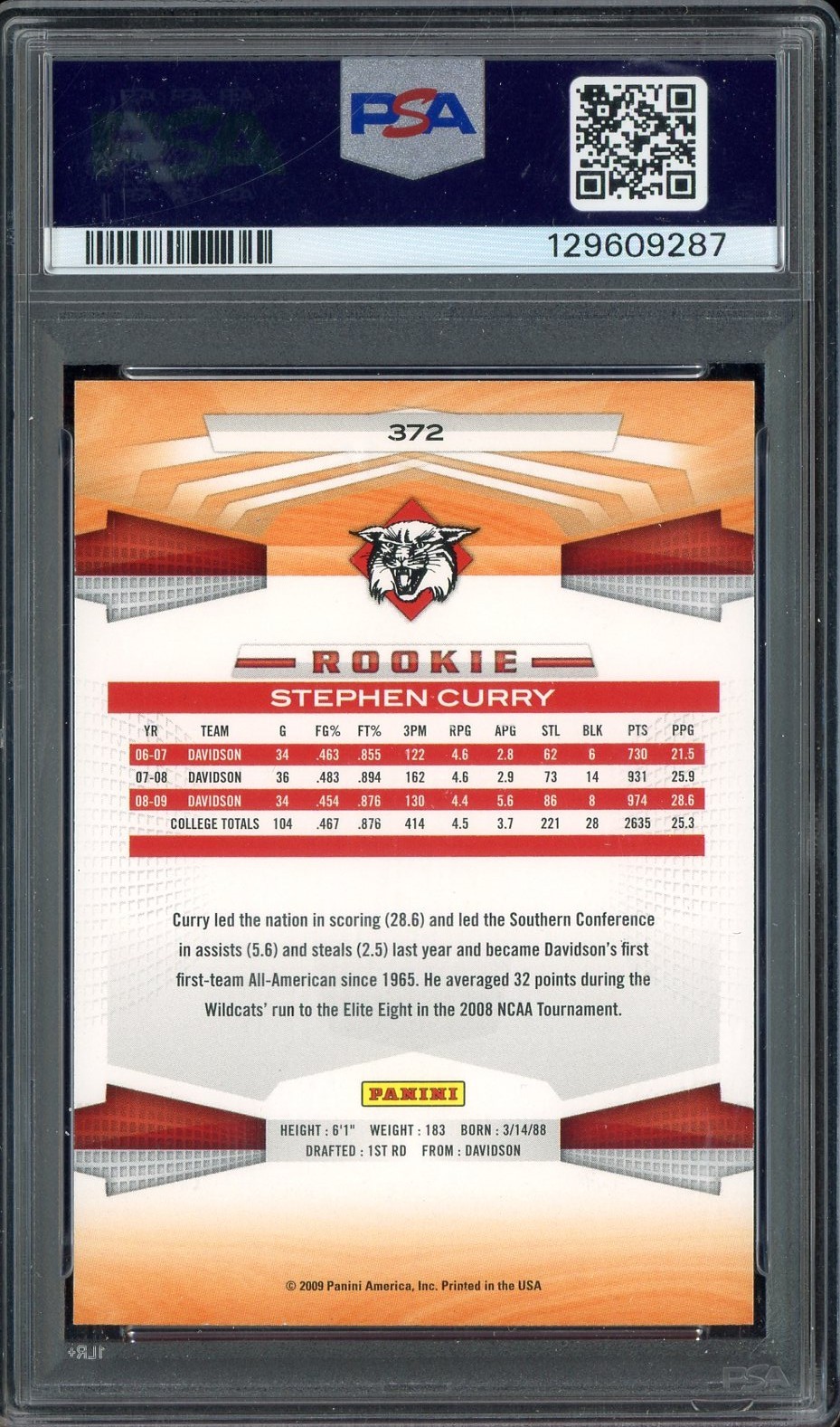 2009 Panini #372 Stephen Curry Golden State Warriors RC Rookie PSA 9 MINT view 2