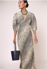 Rixo Jolene Antelope Midi Dress Size L UK 14 / US 10 V Neck Bias Cut Flattering
