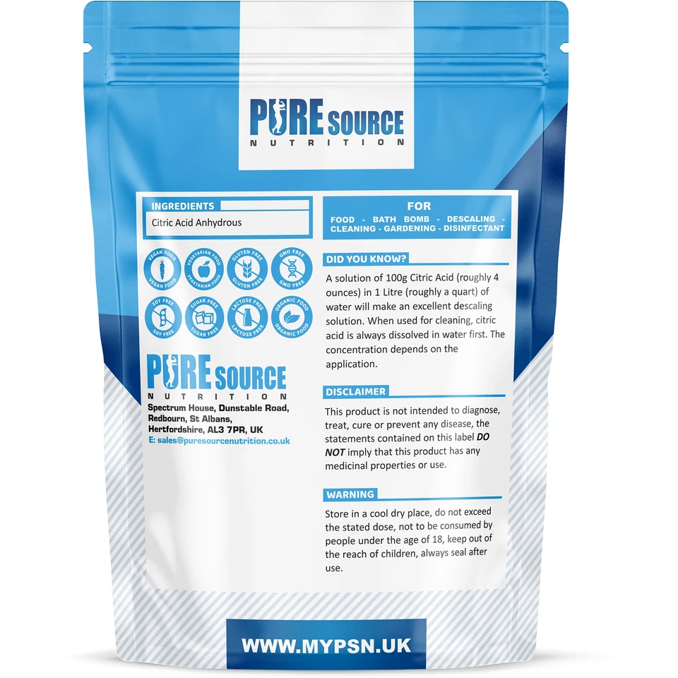 Pure Source Nutrition Citric Acid Food Grade Fine Graine 1KG|2.5KG|5KG|10KG -BAG - Image 2 of 4