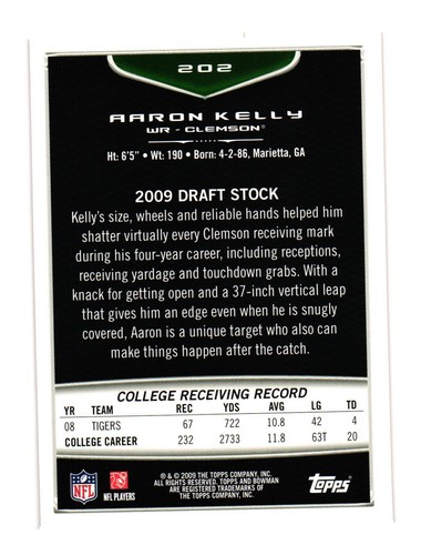 2009 Bowman Draft Picks #202 Aaron Kelly Clemson Tigers - Picture 2 of 2