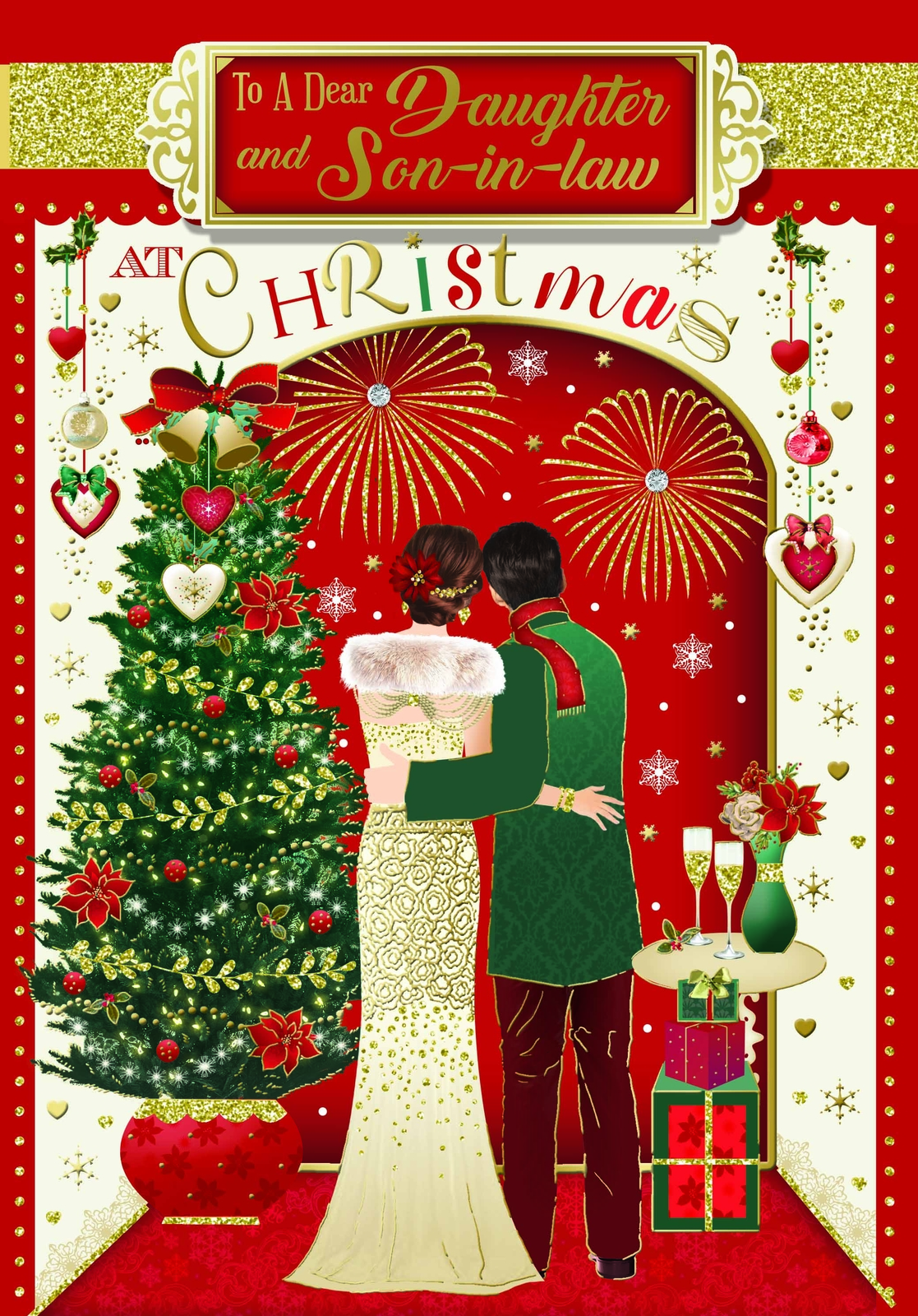 To Dear Daughter and Son In Law Couple and Decorative Xmas Tree Christmas Card