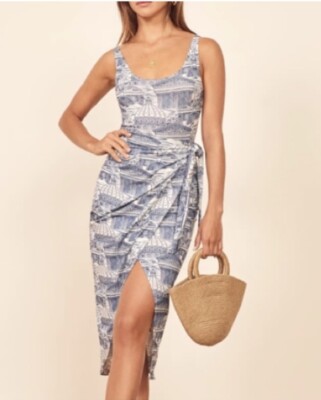 Reformation Blue Kaila Wrap Dress In Romanesque Pattern Size XS midi | eBay