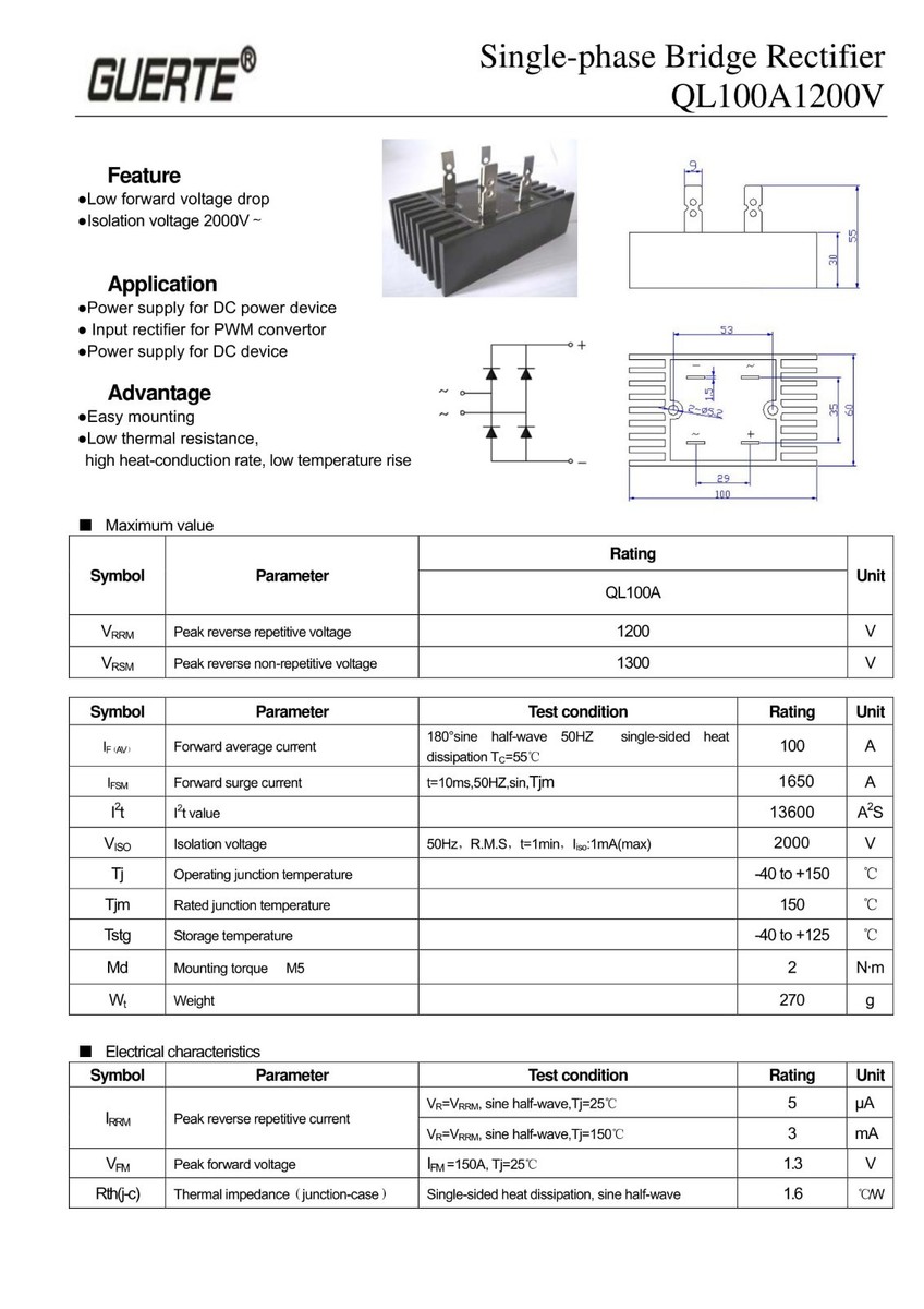 Oikabio Brückengleichrichter QL100 – 100 A, 1200 V, 1-Phasen-Dioden-Brücke, 4-polig, Alu-Kühlkörper, Für Leistungselektronik