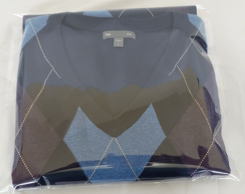 GAP Men Knit Blue Vest Sweater Size L w/light Blue & Purple Rhombus 100%Cotton - Picture 10 of 10