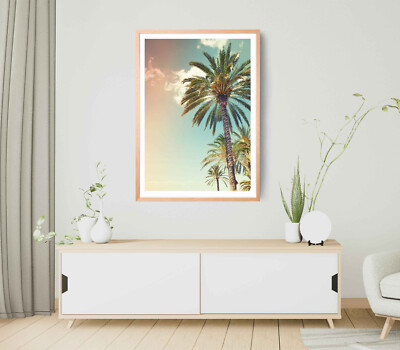 Palm Trees Print, Palm Tree Wall Art, Cloudy Sky Framed Tree Wall Art, Natural