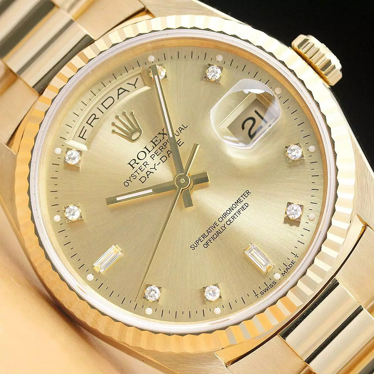 ROLEX MENS DAYDATE CHAMPAGNE FACTORY DIAMOND 18K YELLOW GOLD