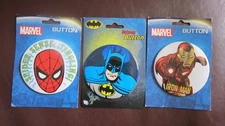 COMIC BUTTONS ~ By ATA-BOY ~ BAT MAN, IRON MAN, SPIDER MAN MARVEL & DC LOT OF 3