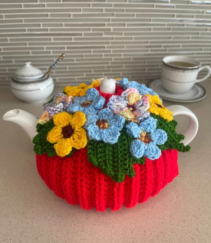 Blue, Yellow, Multicolor Daisy Flower Knitted Tea Pot Cozy Tea Pot Warmer Sleeve