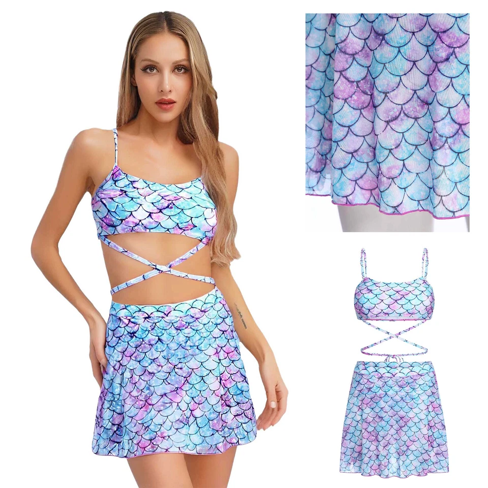 DE Frauen Zweiteiliger Meerjungfrau Badeanzug Tankini mit Schwimrock Bikini - Bild 2 von 4