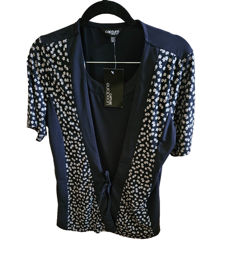 NWT CAPTURE EUROPEAN NAVY BLUE MINI FLORAL 2 in 1 LAYERED TOP SZ 38 - XS - S