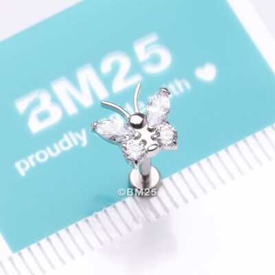 Implant Grade Titanium Butterfly Sparkle Internally Threaded Flat Back Stud Labr