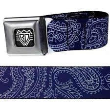 Men's Blue & White Paisley Design Seatbelt Style Bandana Print Belt Size 24-42