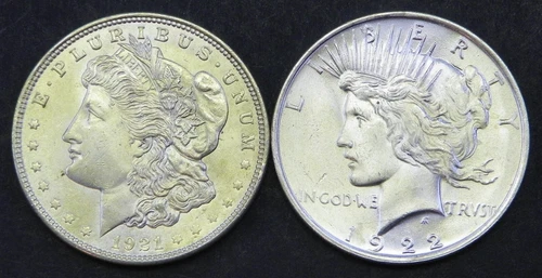1921 P Morgan and 1922 P Peace Dollar BU (2 Coins)