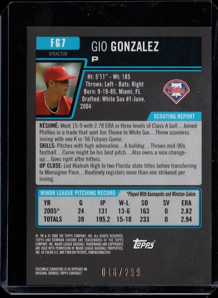 Игра Gio Gonzalez (Phillies) 2006 Bowman Chrome Futures FG7 X-Fractor /299 как новая+ - Изображение 2 из 2