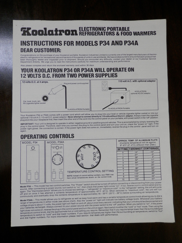 Vintage INSTRUCTIONS for Koolatron P34 and P34A - 1983 Barrie ONT, Batavia NY