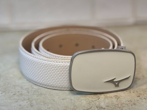 Mizuno Textured Digital White Leather Golf Belt Solid Polished Mizuno Buckle 34"