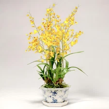 New Luxury Chinoiserie Yellow Orchid Faux Botanical Flower Arrangement 32 in