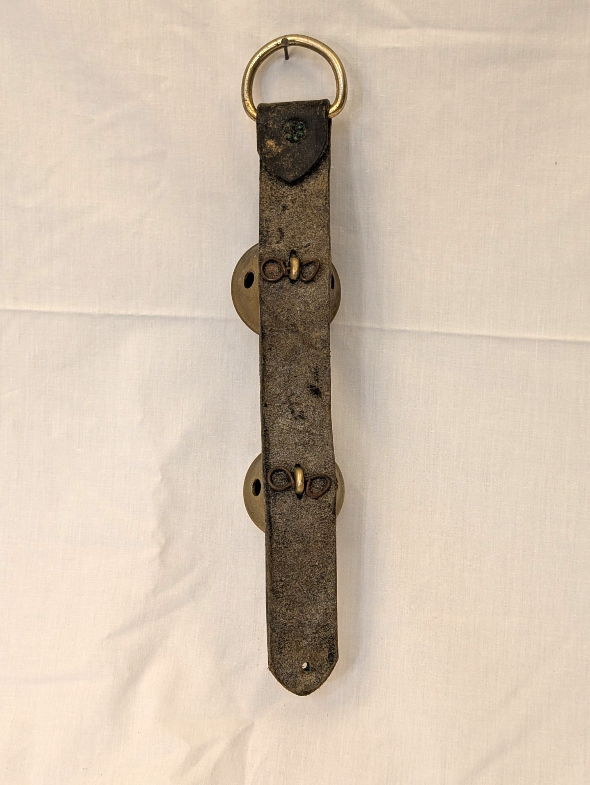 Early Antique Horse Brass Pedal Sleigh Bells on Leather Strap