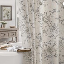 Farmhouse Floral Linen Shower Curtain 72x72 Gray Rustic Country w/ Hooks